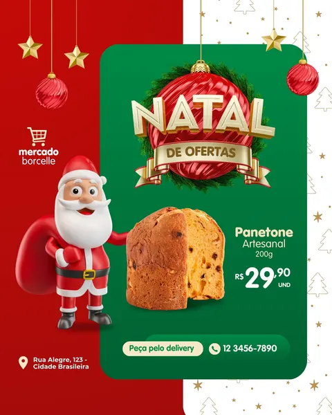 Post de Natal em vermelho e verde, com Papai Noel 3D sorridente e panetone artesanal. O design festivo destaca 'Natal de Ofertas' em dourado, com estrelas e bolas natalinas. Inclui campos para preço, endereço e contato de delivery, ideal para supermercados e mercados divulgarem promoções de fim de ano.