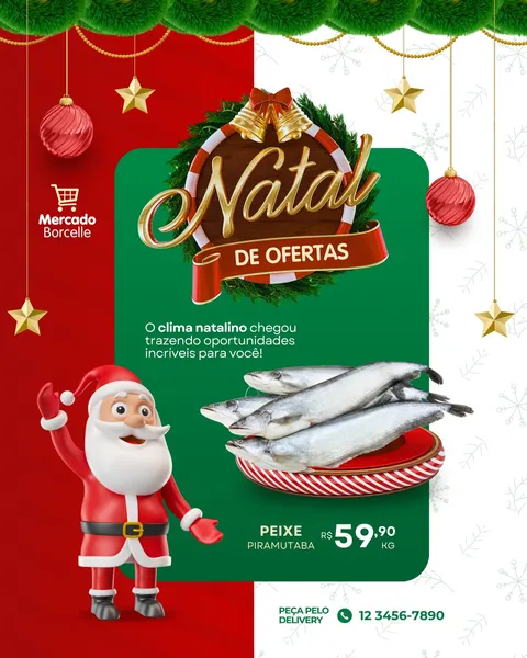 Post de Natal vibrante com fundo dividido em vermelho e verde, decorado com guirlandas, bolas e estrelas douradas. Apresenta um Papai Noel 3D acenando ao lado de peixes Piramutaba frescos em uma tigela listrada. O título "Natal de Ofertas" e o preço do peixe são exibidos, junto com informações de delivery.