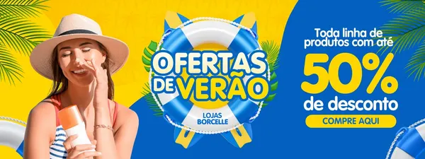 Banner horizontal azul e amarelo vibrante com tema de verão. À esquerda, uma mulher sorridente com chapéu de palha aplica protetor solar no rosto. Ao centro, uma boia salva-vidas azul e branca com o texto "Ofertas de Verão". À direita, destaque de "50% de desconto" e um botão "COMPRE AQUI". Folhas de palmeira tropicais adornam o fundo.