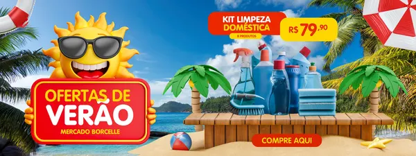 Banner horizontal vibrante de verão com sol sorridente de óculos e kit de limpeza doméstica em deck de madeira na praia. Cores vermelho, amarelo e azul. Anuncia 'Ofertas de Verão' para supermercados, com preço R$ 79,90 e botão 'Compre Aqui!'. Design alegre para promoções sazonais de produtos.