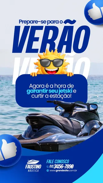 Template de Story para Instagram com tema de verão, apresentando um jet ski na água. O design moderno em azul e branco destaca a frase 'Prepare-se para o Verão' e 'Agora é a hora de garantir seu jetski e curtir a estação!'. Inclui um sol animado e informações de contato.