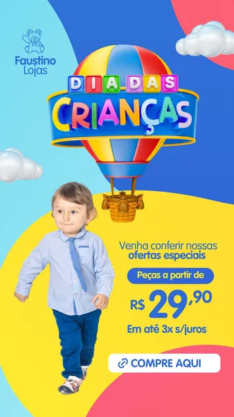 Um menino com roupa social azul caminha em um story de Instagram com o tema Dia das Crianças. Um balão colorido com a frase 'Dia das Crianças' flutua acima, e nuvens decoram o fundo azul e amarelo. Há um botão de 'Compre Aqui' e detalhes de oferta.