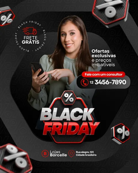 Template de post para redes sociais com tema Black Friday. Apresenta uma mulher sorrindo segurando um celular, com destaque para 'Ofertas exclusivas', 'Frete Grátis' e o logo 'Black Friday' em 3D. Cores predominantes: preto, vermelho e branco. Ideal para lojas de celular.
