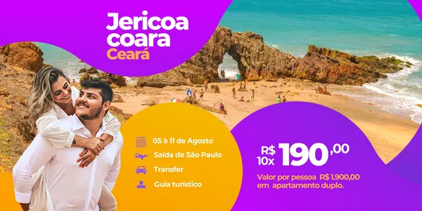 Banner promocional com paisagem deslumbrante de Jericoacoara, Ceará, com um casal sorrindo em primeiro plano. Detalhes do pacote de viagem, datas e preço em destaque, com cores vibrantes roxo e laranja.