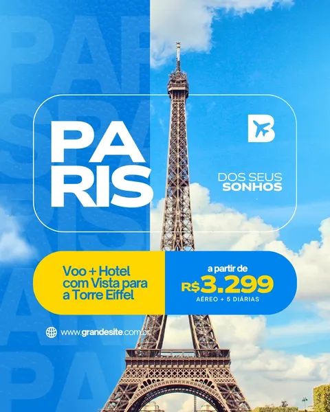 Post para redes sociais com fundo azul e branco, destacando a Torre Eiffel em Paris. O texto centraliza 'PARIS' em letras grandes, com detalhes de um pacote de viagem 'Voo + Hotel com Vista para a Torre Eiffel' a partir de R$3.299, ideal para agências de turismo.