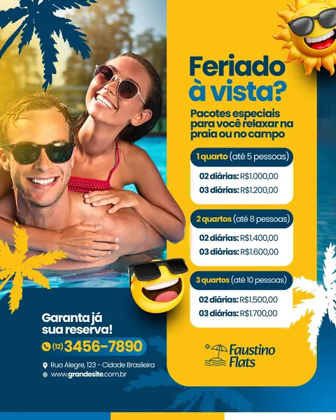 Post para Instagram azul e amarelo promovendo pacotes de hospedagem em flats para feriados. Apresenta um casal sorridente e feliz em uma piscina, palmeiras estilizadas, um sol e um emoji de óculos de sol. Detalha ofertas de diárias para flats de 1, 2 e 3 quartos, com informações de contato na parte inferior. Design moderno e convidativo para turismo e aluguel de temporada.