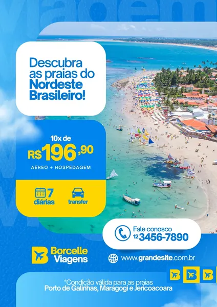 Template de post para redes sociais com fundo de praia lotada no Nordeste. Destaque para texto 'Descubra as praias do Nordeste Brasileiro!' e oferta de pacote com preço e informações de diárias e transfer.