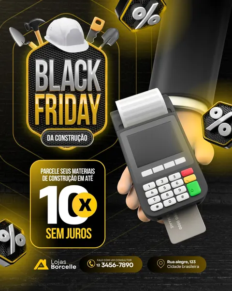 Post vibrante de Black Friday da Construção em preto e amarelo. Destaca capacete, ferramentas e uma máquina de cartão com a oferta "10x Sem Juros". O design moderno, com elementos 3D e ícones de porcentagem, é ideal para lojas de materiais de construção, anunciando promoções e condições de pagamento.