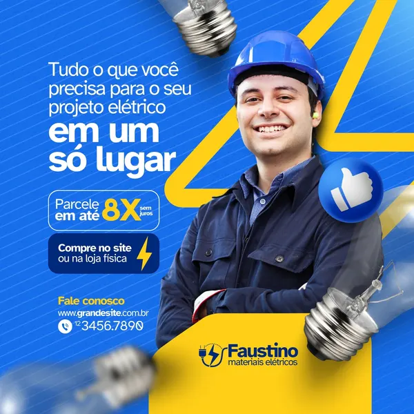 Post para redes sociais de loja de materiais elétricos, com fundo azul e detalhes amarelos. Um homem sorridente com capacete azul é o destaque, ao lado de textos sobre parcelamento em 8x sem juros e compra online ou física. Lâmpadas aparecem em destaque.