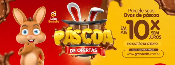 Banner horizontal para Páscoa com um coelho fofo, o logo 'Lojas Borcelle' e um chapéu de mágico com orelhas de coelho. O texto principal anuncia 'Páscoa de Ofertas' e 'Parcele seus Ovos de Páscoa em até 10x sem juros', com um fundo vermelho e amarelo vibrante e detalhes de chocolate.