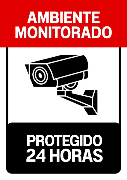 Placa de segurança com fundo branco, um ícone preto de câmera de vigilância no centro. A parte superior tem um fundo vermelho com o texto "AMBIENTE MONITORADO" em branco. A parte inferior tem um fundo preto com o texto "PROTEGIDO 24 HORAS" em branco. Design minimalista e direto.