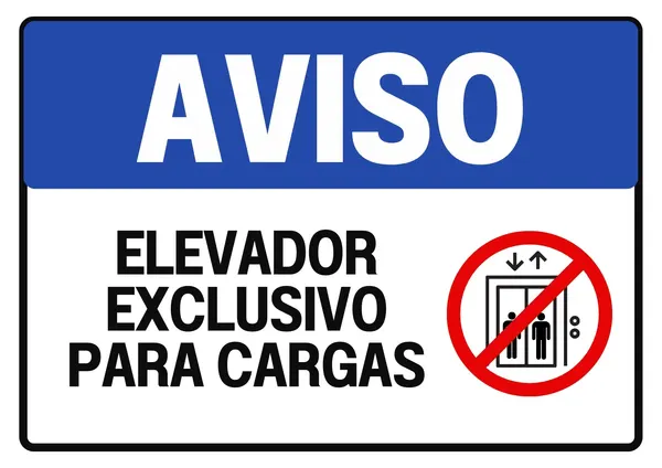 Placa de aviso com fundo branco e borda preta. Faixa azul superior com a palavra "AVISO" em branco. Abaixo, em letras pretas grandes, "ELEVADOR EXCLUSIVO PARA CARGAS". À direita, um círculo vermelho com traço diagonal sobre um ícone de elevador com duas pessoas e setas indicando subida e descida.