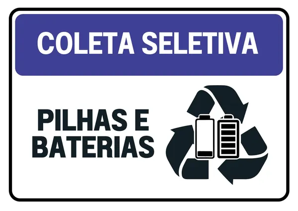 Placa de coleta seletiva para pilhas e baterias. O design minimalista apresenta fundo branco com borda preta, um banner azul escuro no topo com o texto 'COLETA SELETIVA' em branco, e abaixo, em letras pretas grandes, 'PILHAS E BATERIAS'. Ao lado, o símbolo universal de reciclagem em preto com ícones de pilhas e baterias.