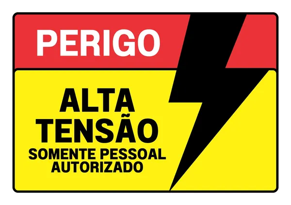 Placa de alerta de perigo com fundo vermelho e amarelo, ostentando um raio preto estilizado. O texto em branco 'PERIGO' e em preto 'ALTA TENSÃO SOMENTE PESSOAL AUTORIZADO' comunica claramente o risco elétrico e restrição de acesso.