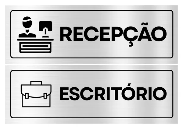 Duas placas retangulares com fundo de metal escovado em tons de cinza e preto. A placa superior exibe um ícone de recepcionista e o texto 'RECEPÇÃO'. A placa inferior mostra um ícone de maleta e o texto 'ESCRITÓRIO'. Ambas com design minimalista e bordas pretas.