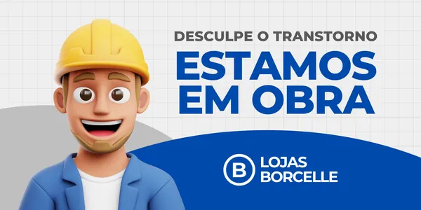 Banner horizontal com fundo cinza claro e padrão de grade, exibindo um personagem 3D masculino sorridente, vestindo um capacete de segurança amarelo e camisa azul. À direita, o texto "DESCULPE O TRANSTORNO ESTAMOS EM OBRA" em azul escuro. Na parte inferior, uma faixa azul com o logo "LOJAS BORCELLE" em branco. O design é amigável e profissional, ideal para avisos de reforma.