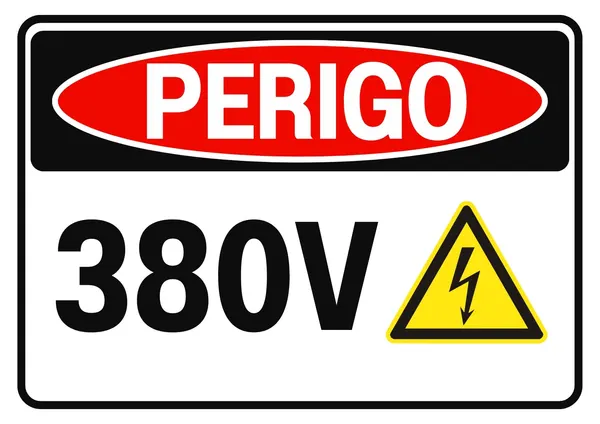 Placa de perigo com a inscrição 'PERIGO 380V' em letras grandes e pretas. Um triângulo amarelo com um raio preto indica eletricidade. O fundo é branco com bordas pretas e uma faixa vermelha com a palavra 'PERIGO'.