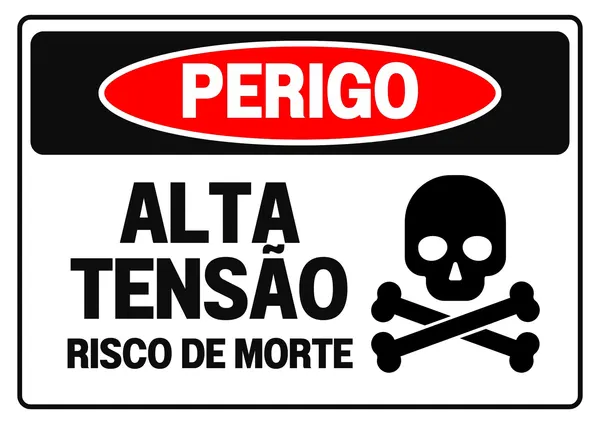 Placa de aviso de segurança em formato paisagem, com fundo branco e borda preta. Faixa preta superior com oval vermelho e a palavra 'PERIGO' em branco. Abaixo, 'ALTA TENSÃO' e 'RISCO DE MORTE' em letras pretas grandes. À direita, ícone preto de caveira com ossos cruzados. Design direto e minimalista para sinalização de áreas com perigo elétrico.