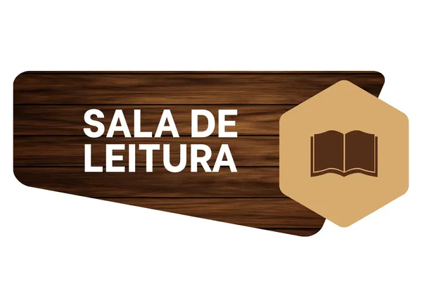 Placa de sinalização com fundo imitando madeira escura e texto branco 'SALA DE LEITURA'. Ao lado, um hexágono bege com o ícone de um livro aberto em marrom. Design moderno e clean.