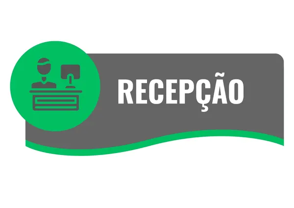 Placa de sinalização moderna para recepção em cinza escuro e verde vibrante. Possui um círculo verde com ícone de pessoa em mesa de atendimento. A palavra 'RECEPÇÃO' em branco se destaca no fundo cinza, com detalhe curvo verde na base. Perfeita para orientar visitantes em escritórios, clínicas e consultórios com estilo profissional.