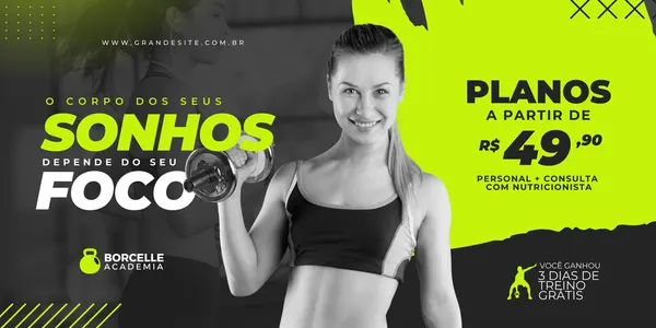 Banner horizontal de academia com fundo verde e cinza, apresentando uma mulher sorridente segurando um halter. O texto destaca 'Planos a partir de R$49,90', 'Personal + Consulta com Nutricionista' e 'Você ganhou 3 dias de treino grátis'.