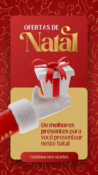 Template de Story para Instagram em vermelho e dourado, com tema de Natal. Uma mão de Papai Noel segura um presente branco com laço vermelho. O design festivo destaca 'Ofertas de Natal' em dourado e uma mensagem convidativa, com um botão de call-to-action. Perfeito para promoções de fim de ano.