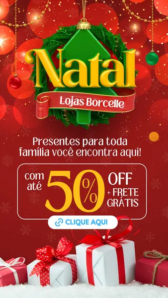 Um story de Instagram vibrante para o Natal, com fundo vermelho festivo e flocos de neve. Apresenta uma coroa de Natal verde com a palavra "Natal" em dourado e uma fita vermelha. No centro, um grande "50% OFF + FRETE GRÁTIS" em destaque. Na parte inferior, caixas de presente brancas e vermelhas sobre neve, e um botão "CLIQUE AQUI".