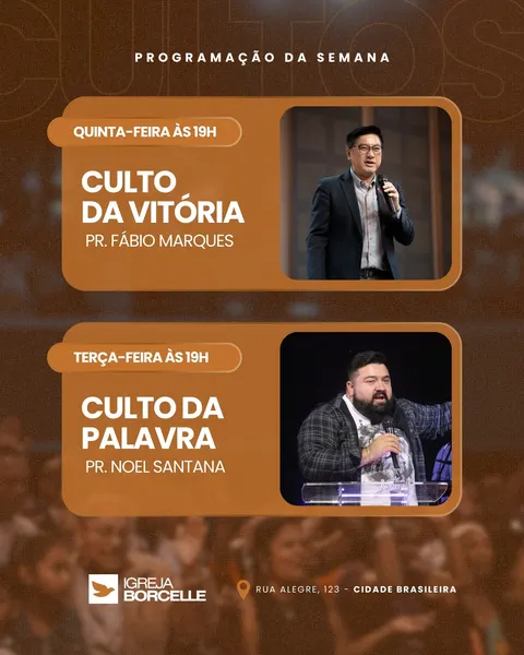 Post para Instagram anunciando a programação semanal de cultos de uma igreja. Apresenta os cultos da Vitória e da Palavra com fotos dos pastores e horários. Design moderno em marrom e branco com fundo desfocado de fiéis.