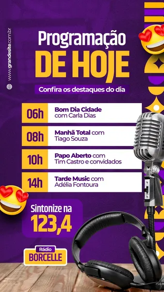Story do Instagram com fundo roxo vibrante e detalhes amarelos. Apresenta a programação diária de rádio com horários e nomes de programas. Inclui ilustrações de um microfone vintage e fones de ouvido pretos, além de emojis de rostos apaixonados, criando um visual moderno e convidativo para rádios FM e podcasts.