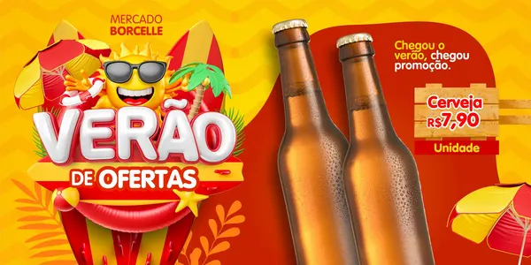 Banner horizontal vibrante em amarelo e vermelho, com sol sorridente de óculos, guarda-sóis e pranchas de surf. Duas garrafas de cerveja geladas são o destaque, com placa anunciando "Cerveja R$7,90 Unidade". O texto "VERÃO DE OFERTAS" em 3D domina a cena, ideal para promoções de mercado.