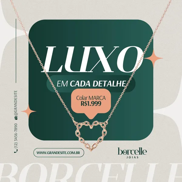 Post de Instagram para joalheria com fundo bege e verde escuro. Um colar de luxo com pingente em formato de coração de elos dourados está em destaque. O texto 'LUXO EM CADA DETALHE' e 'Colar MARCA R$1.999' promovem a peça.