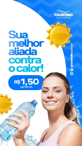 Story de Instagram com fundo azul e branco, apresentando uma mulher sorrindo segurando uma garrafa de água. O texto "Sua melhor aliada contra o calor!" e "R$ 1,50 garrafa 1,5L" destacam a promoção. Sol brilhante e ondas de água completam o design.