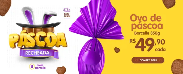 Banner horizontal com fundo amarelo vibrante, destacando um ovo de Páscoa roxo recheado embrulhado em papel brilhante. Ao lado, um chapéu de mágico com orelhas de coelho e a palavra "PÁSCOA RECHEADA" em 3D. Inclui preço e botão "COMPRE AQUI".