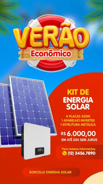 Story de Instagram vibrante para promoção de kit de energia solar. Fundo azul e vermelho, com folhas de palmeira e um salva-vidas 'VERÃO Econômico'. Duas placas solares azuis e um inversor branco destacam o produto. Inclui detalhes do kit, preço e contato, ideal para empresas de energia renovável.