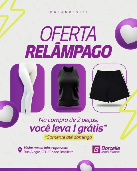 Post para redes sociais com fundo cinza, detalhes roxos e raios verde neon. Exibe leggings brancas, top preto e shorts pretos de moda fitness. O título 'OFERTA RELÂMPAGO' e a promoção 'Na compra de 2 peças, você leva 1 grátis' são centrais. Design moderno e vibrante, ideal para lojas de roupas esportivas divulgarem suas ofertas.