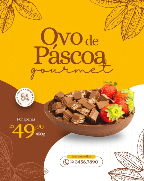 Post para Instagram com fundo amarelo vibrante e detalhes marrons. Destaca um ovo de Páscoa recheado com pedaços de chocolate e morangos frescos. Inclui preço e informações de contato para pedidos.