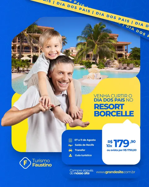 Post de Instagram azul e amarelo para o Dia dos Pais, com foto de pai e filho sorrindo em um resort paradisíaco com piscina e palmeiras. O design moderno destaca uma oferta de viagem com detalhes de pacote e preço, ideal para agências de turismo divulgarem promoções especiais para a data.