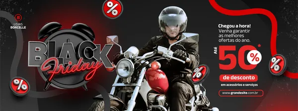 Banner horizontal em tons de vermelho e preto para Black Friday de loja de motos. Um motociclista com capacete está em destaque, com o texto "Black Friday" e "Até 50% de desconto" em destaque. Inclui o logo da loja e um endereço web.