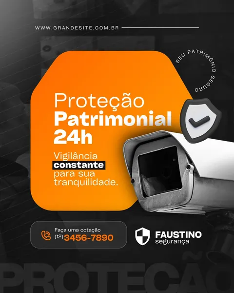 Post para Instagram com fundo escuro e detalhes em laranja, promovendo proteção patrimonial 24h de uma empresa de segurança. Destaca uma câmera de vigilância, um escudo com checkmark e informações de contato para cotação.