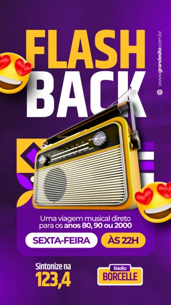 Um story de Instagram com o título "FLASH BACK" em letras grandes, um rádio retrô amarelo e detalhes roxos e amarelos. Emojis de coração nos olhos e texto anunciando "Uma viagem musical direto para os anos 80, 90 ou 2000", com dia e hora.
