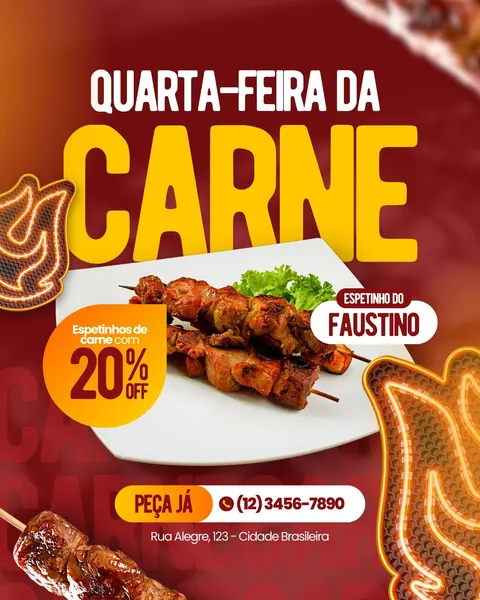 Post para Instagram anunciando "Quarta-Feira da Carne" com espetinhos suculentos em destaque. O design vibrante em vermelho e amarelo inclui um selo de 20% OFF e informações de contato para pedidos.