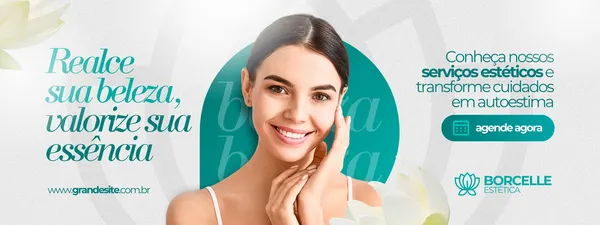 Banner horizontal para clínica de estética com fundo branco e detalhes em verde água. Uma mulher sorri no centro, com texto 'Realce sua beleza, valorize sua essência' à esquerda e 'Conheça nossos serviços estéticos e transforme cuidados em autoestima' à direita, com botão 'agende agora'.