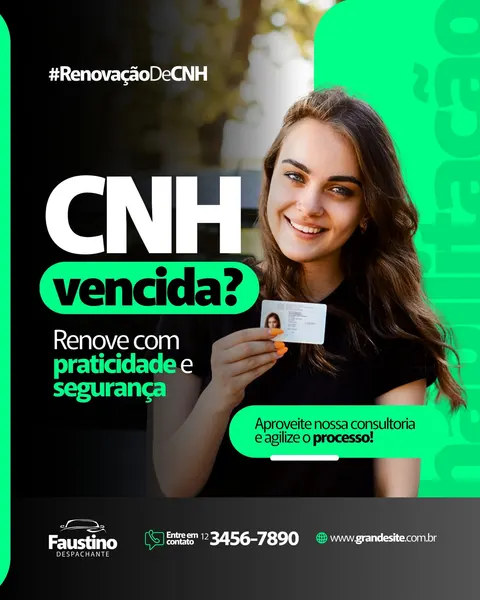 Mulher sorrindo segura uma CNH, com texto em destaque sobre renovação de CNH vencida. O template é em preto e verde vibrante, com informações de contato de um despachante veicular.