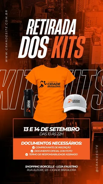 Template de Story para Instagram com fundo escuro e detalhes em laranja vibrante, anunciando a retirada de kits de corrida. Exibe uma camiseta laranja, boné e garrafa, com informações sobre datas e documentos necessários.