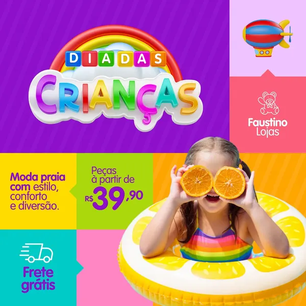 Post de Instagram colorido com o tema Dia das Crianças, promovendo moda praia infantil. Apresenta uma menina sorridente segurando laranjas, com texto sobre peças a partir de R$39,90 e frete grátis.