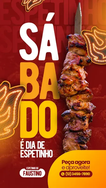 Template de Story do Instagram com fundo vermelho e detalhes em amarelo, destacando um espetinho de carne suculento. O texto 'SÁBADO É DIA DE ESPETINHO' em letras grandes e chamativas convida os clientes a pedir e aproveitar.