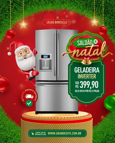 Post de Natal para redes sociais em vermelho e verde, decorado com guirlandas e bolas. Apresenta uma geladeira Inverter prateada sobre pedestal dourado, um Papai Noel animado e um selo "Saldão de Natal" com oferta de preço. Ícones de entrega e compra online, ideal para lojas de eletrodomésticos.