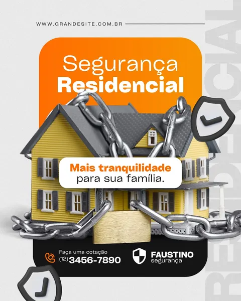Post para Instagram de uma empresa de segurança residencial. Uma casa amarela está cercada por correntes grossas e um cadeado, com o texto 'Segurança Residencial' e 'Mais tranquilidade para sua família'. As cores predominantes são preto, laranja e amarelo.