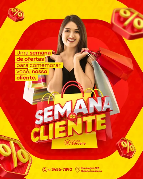 Post para Instagram com tema de 'Semana do Cliente' para supermercado, apresentando uma mulher sorridente com sacolas de compras. O design usa cores amarelo e vermelho vibrantes, com elementos gráficos de porcentagem e bolsas de compras, promovendo ofertas especiais.