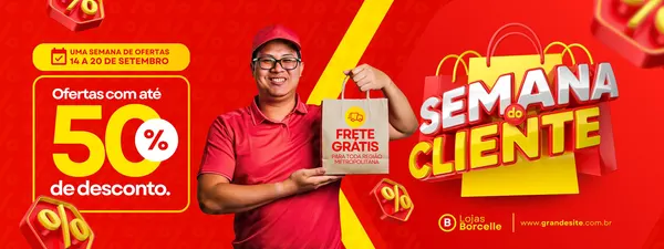 Banner horizontal vermelho e amarelo para a Semana do Cliente de um supermercado. Destaca ofertas de até 50% de desconto e frete grátis, com um entregador sorridente segurando uma sacola e o logo da loja.